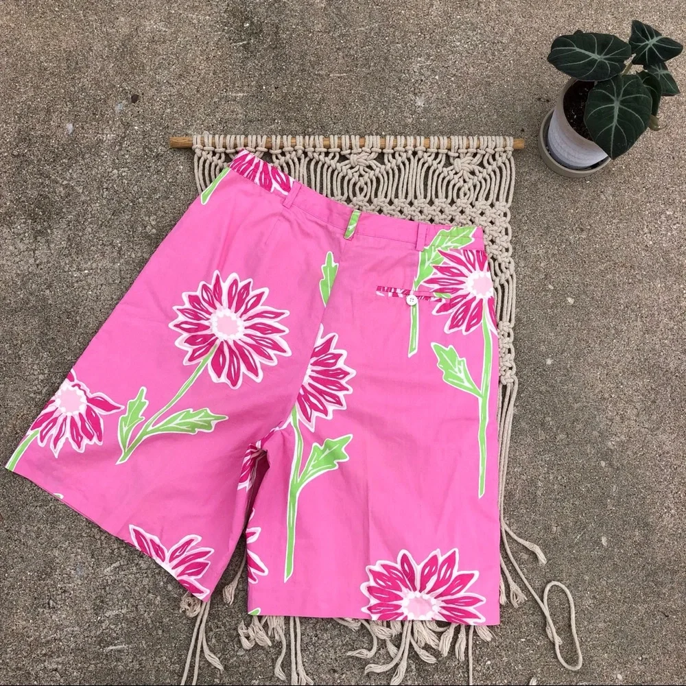Vintage Lilly Pulitzer High Waist Pink Flower Print Bermuda Shorts Size 10